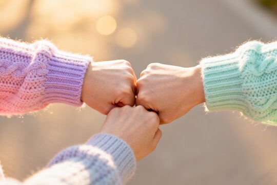Three hands in pastel sweaters sharing a fist bump outdoors