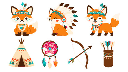 Cute cartoon fox set with feathers teepee and dreamcatcher © Andrei