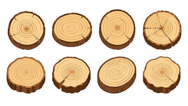 Set of tree trunk cross sections with bark in vector style