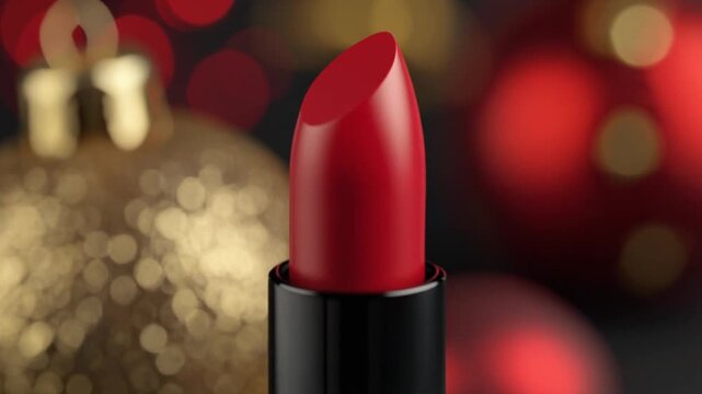 Extreme Close-up Push-in Shot of Bold Red Lipstick Tip with Festive Christmas Holiday Bokeh Background, Professional Cinematic 1080p Full HD Video