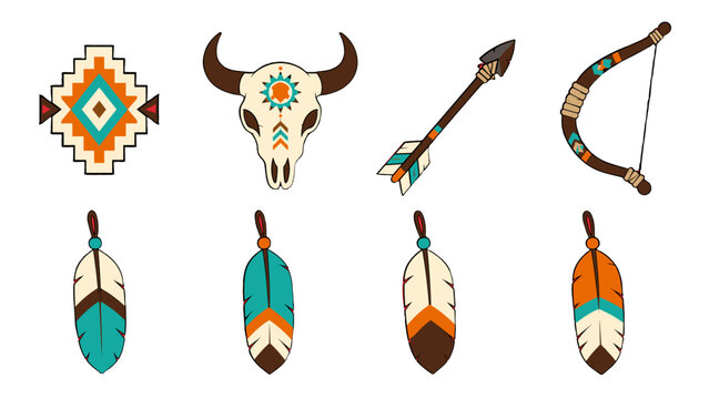 Western tribal style symbols with feathers, bow, arrow and skull