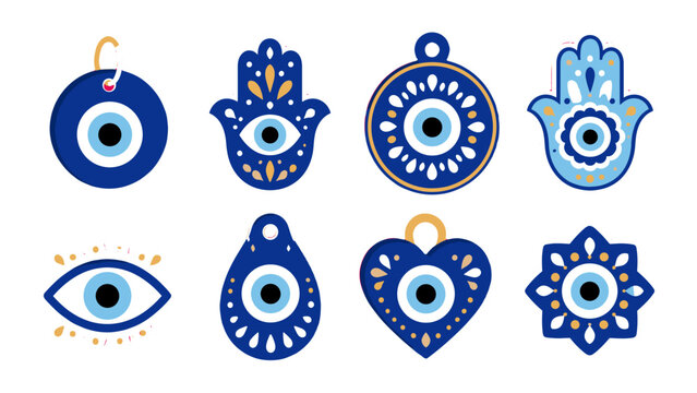 Set of blue evil eye talisman and hamsa ornament icons