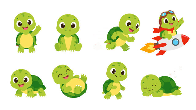 Cute cartoon turtle character set with playful poses