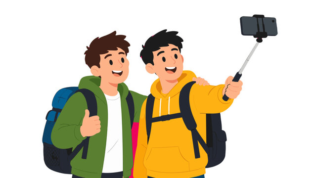 Two young travelers taking a selfie with a smartphone stick