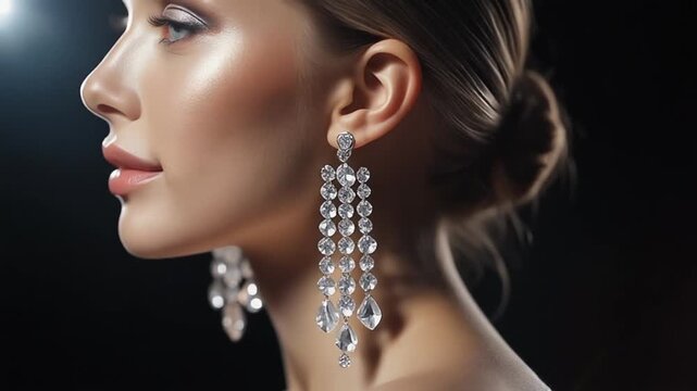 Elegant Profile View of a Beautiful Woman Wearing Sparkling Long Diamond Earrings, Full HD Cinematic Fashion Portrait Background