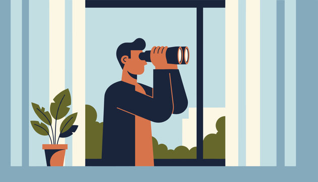 Curious man stands by his apartment window using binoculars to observe the outside world while indoor potted plants decorate his living space.