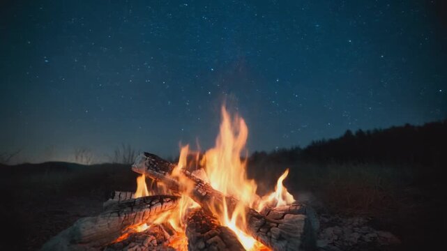 Warm Campfire Burning Under a Starry Night Sky in Wilderness, Cinematic Full HD Loopable Background for Outdoor Relaxation and Adventure Content
