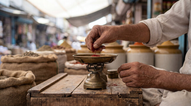 Merchant weighing precious saffron threads on a traditional scale