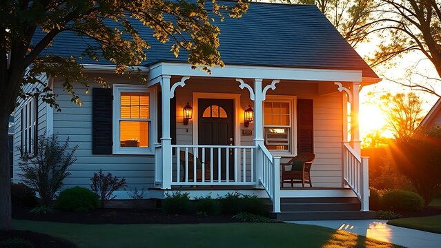 Charming traditional house with inviting front porch, bathed in golden hour sunlight.
