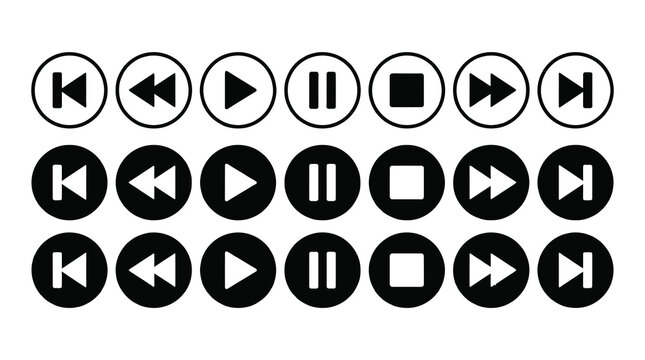 Collection of multimedia player control icons with pause button play button stop button playback