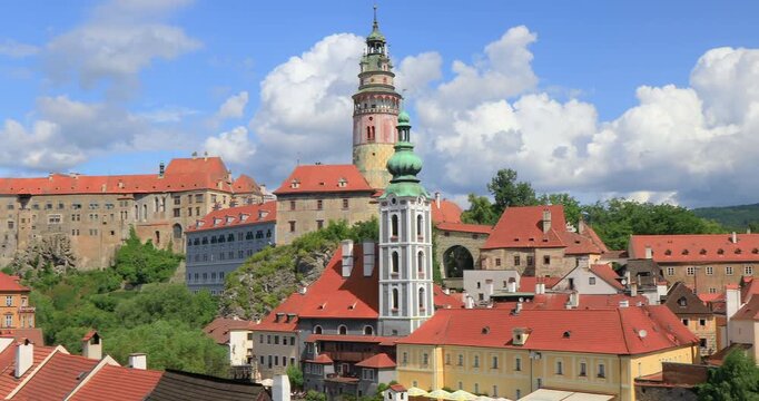 4k right to left panning motion of the UNESCO World Heritage Site of the historic town Center of Cesky Krumlov. Situated on the banks of the Vltava river, the town was built around a 13th-century