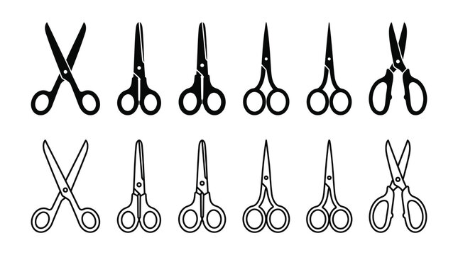 Collection of professional scissor icons and sewing tools with scissors stationery equipment