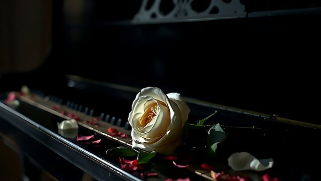 A withered white rose rests on a black grand piano with scattered petals.