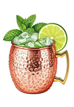 A detailed watercolor of a moscow mule in a frosted copper mug with mint and lime, isolated on a transparent background. Concept for beverage advertising