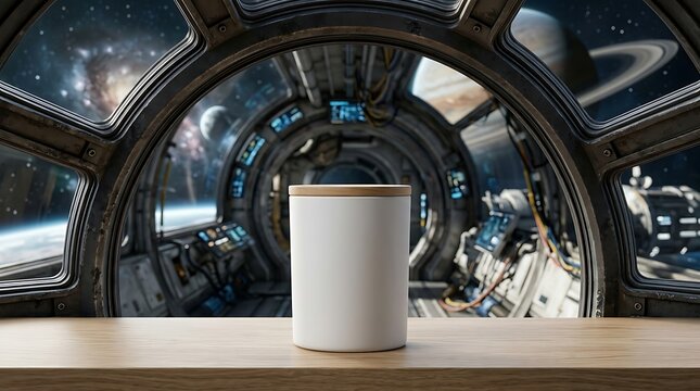 Blank white candle jar mockup on wooden surface against sci fi spaceship cockpit view with planets and galaxy space
