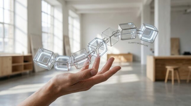 Human hand steadily holding a transparent glass model with unique features set against a softly lit background for clarity