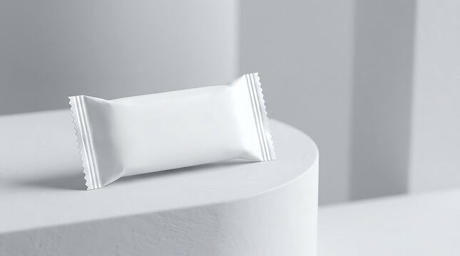 Blank white candy wrapper mockup isolated on pedestal for branding presentation, food packaging design, snack pouch template