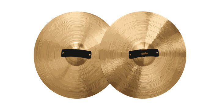 Pair of marching band cymbals with leather straps isolated on white background, traditional brass percussion instruments.