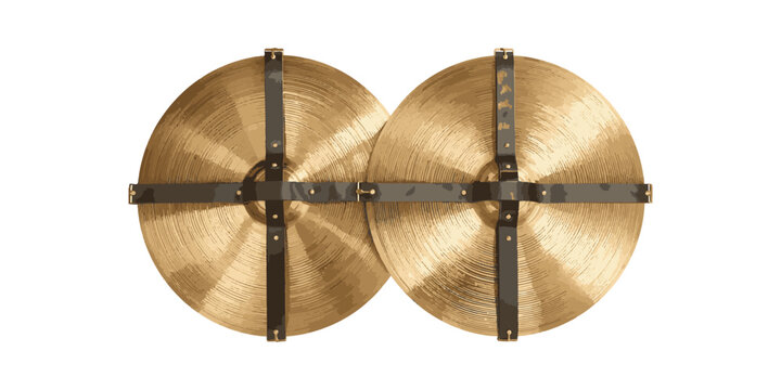 Pair of marching band cymbals with leather straps isolated on white background, traditional brass percussion instruments.
