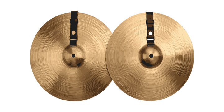 Pair of marching band cymbals with leather straps isolated on white background, traditional brass percussion instruments.