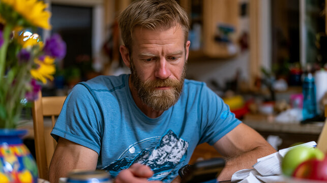 Ultra-runner obsessively reviewing GPS watch sleep score, heart rate variability, cadence graphs and stress load data at kitchen table before 5am training run, fitness tracking obsession, overanalyz
