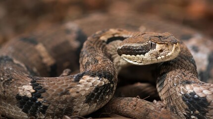Naklejka premium Close-up of a coiled pit viper snake with detailed scales and fangs visible.