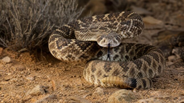 Close-up of a coiled Western Diamondback Rattlesnake in its natural desert habitat.