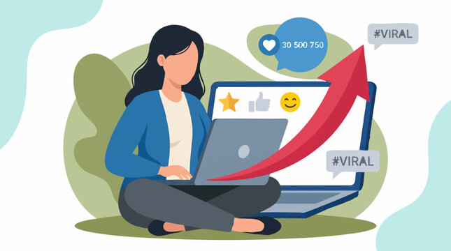 Woman achieving viral social media success with laptop and marketing strategy