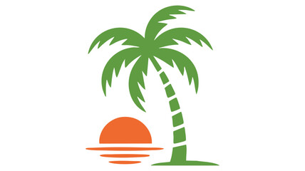 Obraz premium Palm Tree Icon with Green Leaves and Orange Sun Over a Simple Beach Landscape Illustration Featuring Tropical, Island, Vacation with Summer