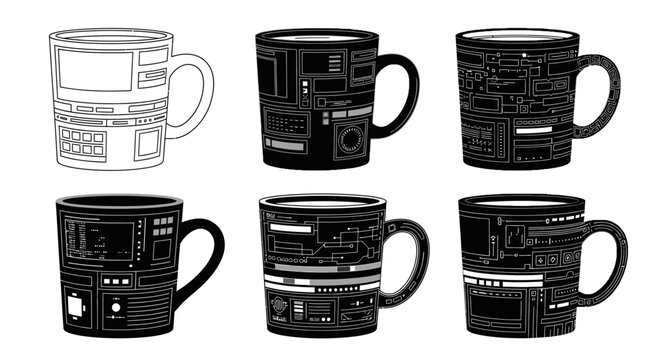 High tech coffee cup collection with futuristic digital interface and computer window layouts featuring black silhouettes with white glowing graphic elements