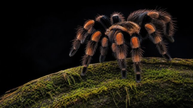 Close-up of a large tarantula spider with orange legs on a mossy surface.