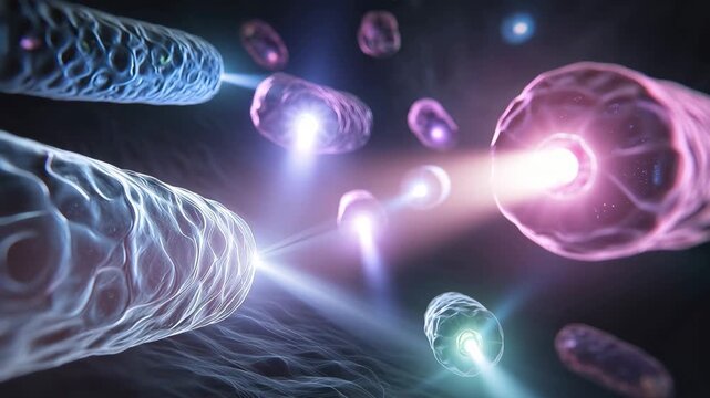Mitochondria move and generate energy in a cellular environment during a scientific study on cellular functions and processes