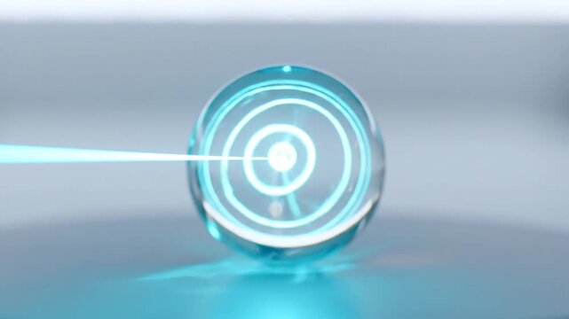 Blue laser beam hitting target inside glass sphere.