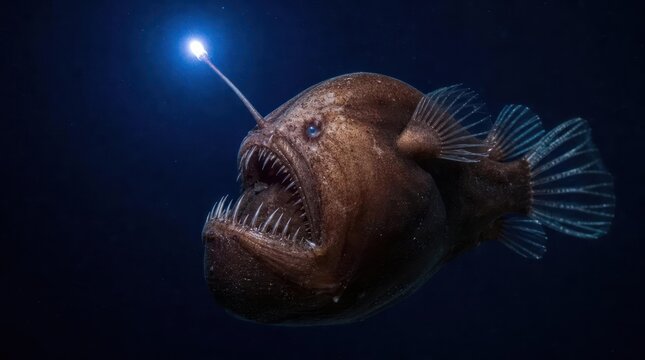 Deep Sea Anglerfish with Bioluminescent Lure in Dark Ocean Depths.