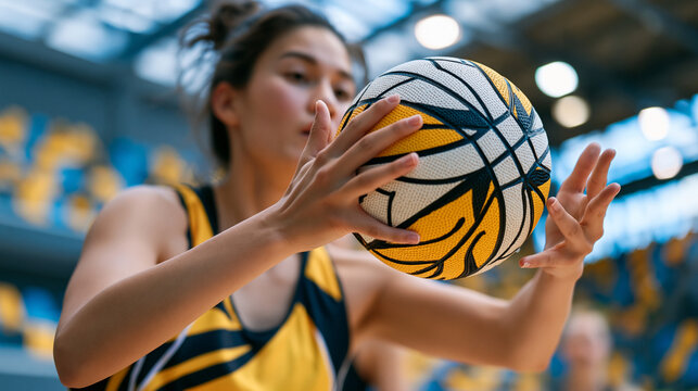 Netball goalkeeper in defensive D challenging shooter mid release, close up hands reaching to pressure overhead shot without contact, coaching moment of defensive technique, indoor championship cour