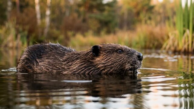 beaver swimming close up in morning light at algonquin park canada