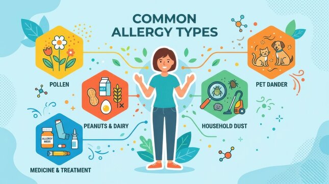 Common allergy types infographic with woman, pollen, pet dander, peanuts, dairy, dust and medicine icons on blue background, allergy awareness concept