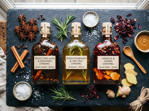 Three artisanal infused caramel syrup glass bottles with fresh rosemary, cinnamon, and hibiscus ingredients on a slate background flat lay.