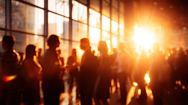 Silhouetted figures gather in a sun-drenched atrium with bright lens flare