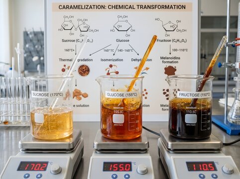 Food science laboratory experiment demonstrating the chemical transformation of caramelization with sucrose glucose and fructose in beakers.