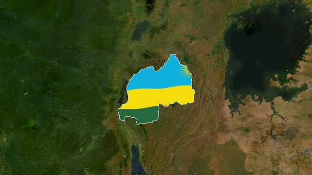 Rwanda map outline animated with national flag over satellite view footage