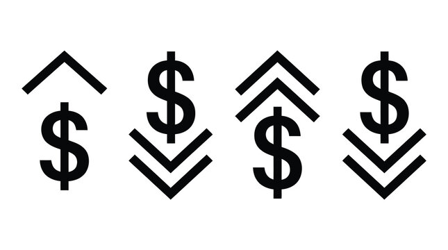 Financial currency dollar symbol icons with growth and decline arrows currency investment