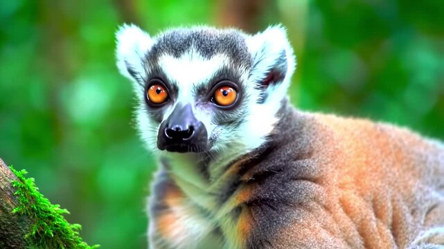 Extreme close up portrait of a curious wild ring tailed lemur looking directly into the camera lens with bright orange eyes in Madagascar