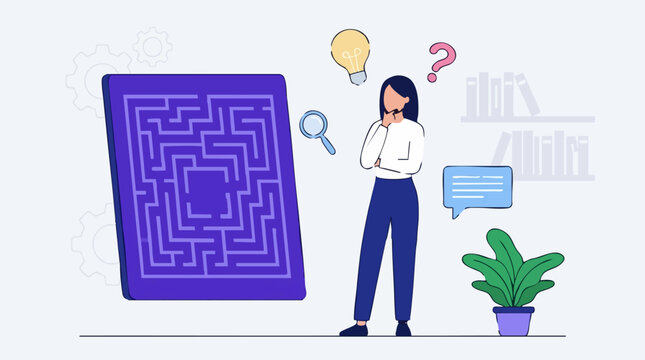Woman thinking and solving a complex maze with ideas and questions