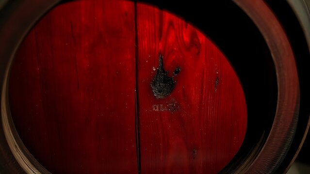 Deep red wine aging inside an oak barrel in a cellar.