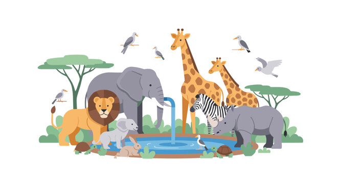 Animals gather at a serene waterhole on environment day in a vibrant savannah landscape with trees and wildlife.