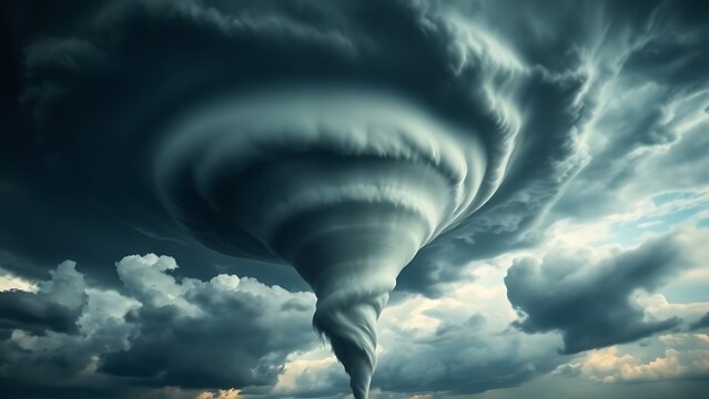 A powerful tornado vortex forming within dark storm clouds.