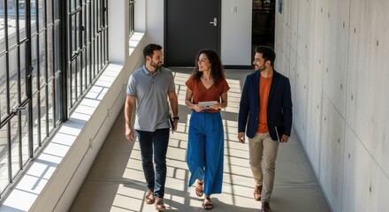 Obraz premium Three Young Diverse Professionals Walking and Talking in a Modern Industrial Office Hallway with Natural Light