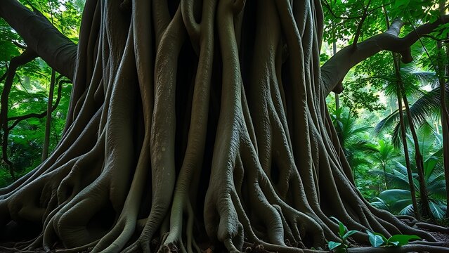 Massive tropical tree buttress roots forming a natural barrier in a green rainforest.