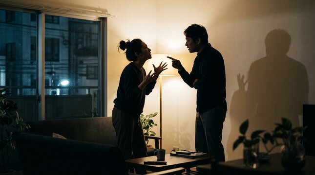 Couple arguing at home showing distress and disagreement during a heated conversation in the evening